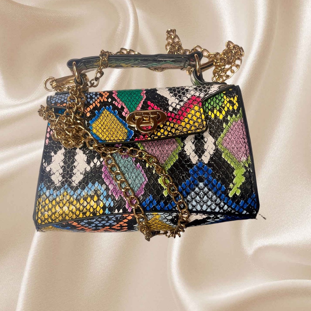 Mini multicolor snake print purse/ handbag with gold chain